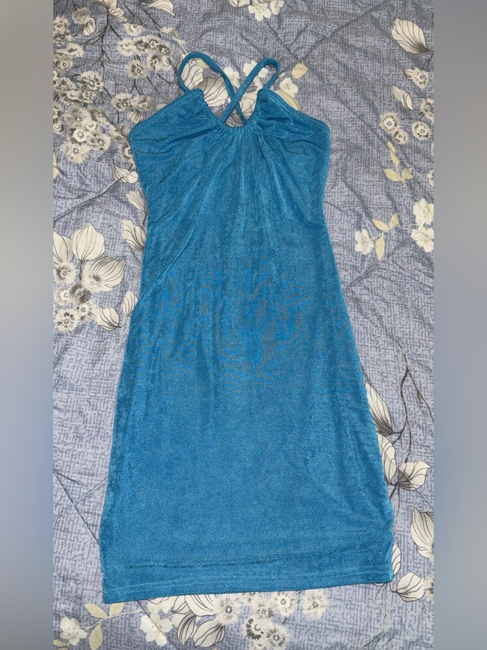 SHEIN Bright Blue Mini Bodycon Dress Velvet Feel Size Small Halter Neckline